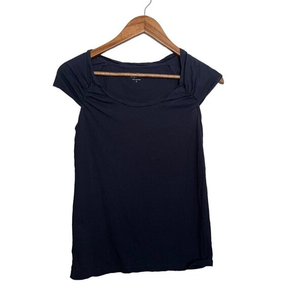 Ann Taylor LOFT Womens Navy Blue Scoop Neck Ruched Cap Sleeve Blouse Size Small - Picture 1 of 5